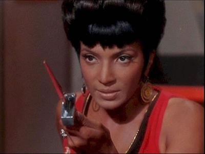 Nichelle Nichols as Lt. Uhura on the Star Trek Bridge