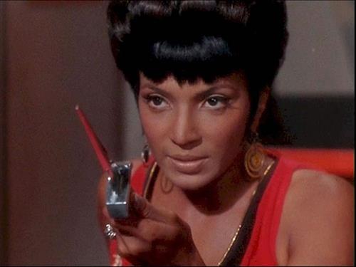 Nichelle Nichols as Lt. Uhura on the Star Trek Bridge