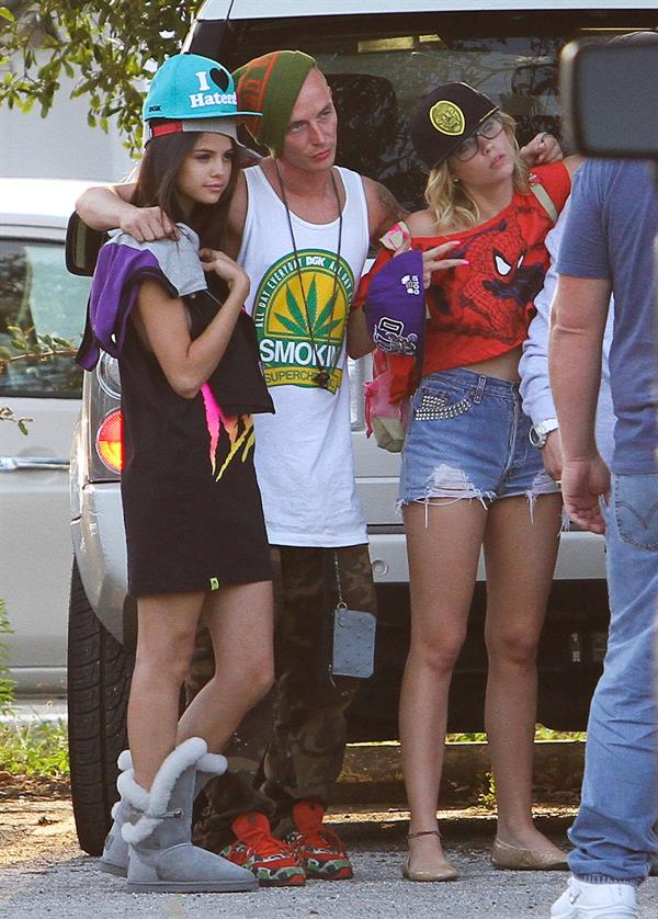 Selena Gomez, Vanessa Hudgens and Ashley Benson on the set of Spring Breakers on March 27, 2012