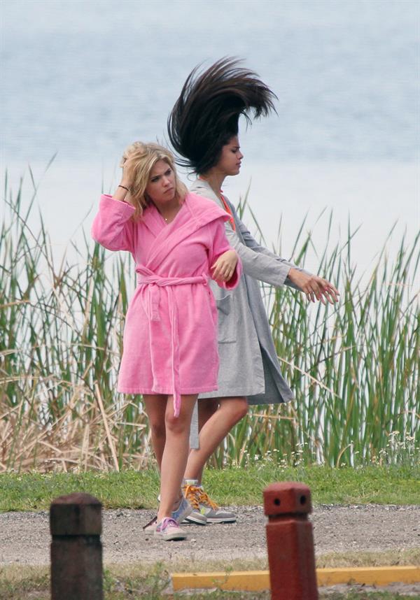 Selena Gomez, Vanessa Hudgens and Ashley Benson on the set of Spring Breakers on March 27, 2012