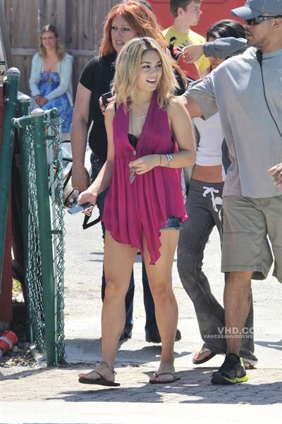 Selena Gomez, Vanessa Hudgens and Ashley Benson on the set of Spring Breakers on March 21, 2012