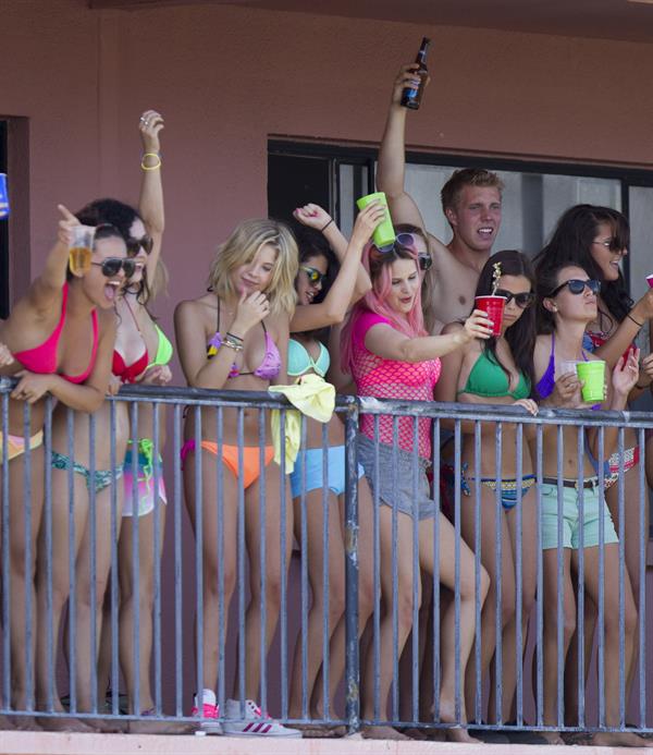 Selena Gomez, Vanessa Hudgens and Ashley Benson on the set of Spring Breakers on March 21, 2012