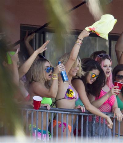 Selena Gomez, Vanessa Hudgens and Ashley Benson on the set of Spring Breakers on March 21, 2012