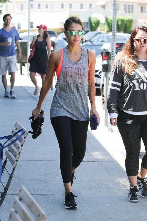Jessica Alba in leggings outside a Soul Cycle class in Los Angeles, July 2015