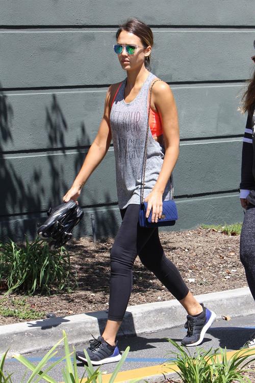 Jessica Alba in leggings outside a Soul Cycle class in Los Angeles, July 2015