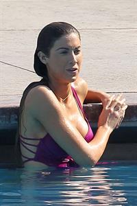 Katherine Webb, Miss Alabama USA 2012, in a pink swimsuit on the set for the TV show 'Celebrity Diving' in Los Angeles.