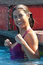 Katherine Webb, Miss Alabama USA 2012, in a pink swimsuit on the set for the TV show 'Celebrity Diving' in Los Angeles.