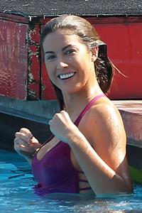 Katherine Webb, Miss Alabama USA 2012, in a pink swimsuit on the set for the TV show 'Celebrity Diving' in Los Angeles.