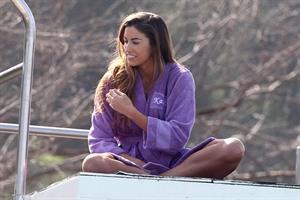 Katherine Webb, Miss Alabama USA 2012, in a pink swimsuit on the set for the TV show 'Celebrity Diving' in Los Angeles.