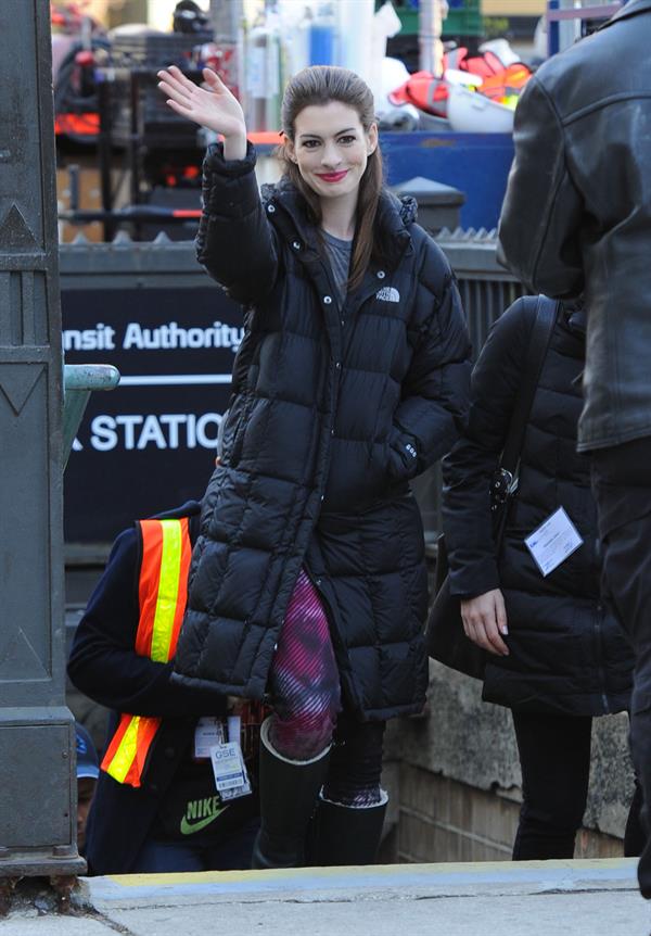 Anne Hathaway on the Dark Knight Rises set in New York City 4-11-2011 
