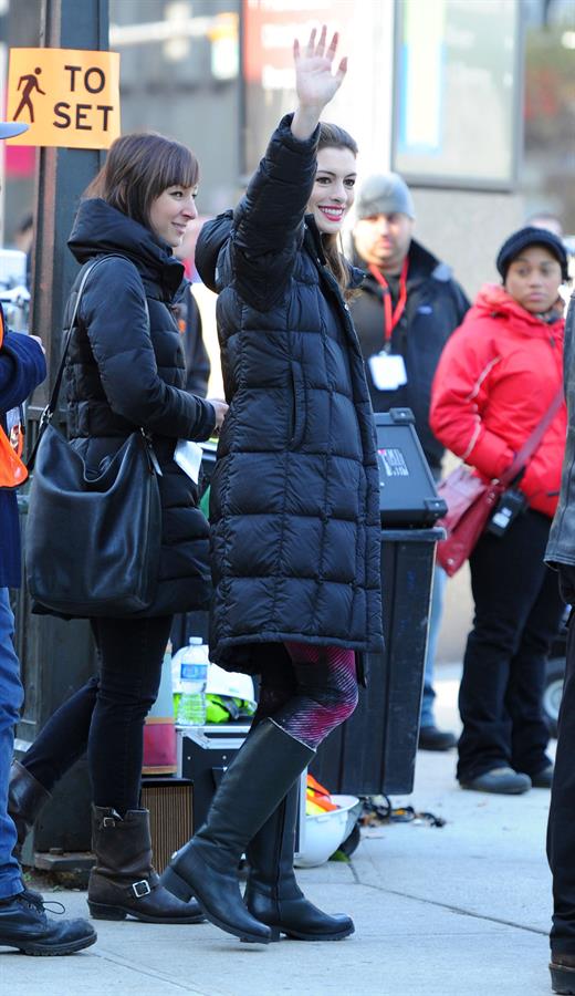 Anne Hathaway on the Dark Knight Rises set in New York City 4-11-2011 