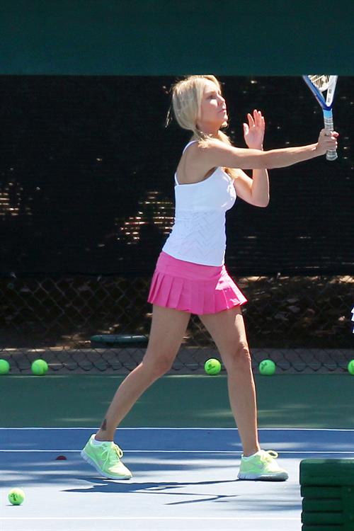 Heather Locklear - Playing with a pink dress Tennis in Malibu (Aug 1, 2012)