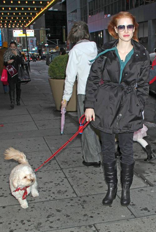 Jessica Chastain with her dog Chaplin arriving to the Walter Kerr Theatre in New York City December 27, 2012 