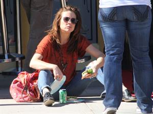Jessica Stroup takes a break on the set of 90210 in Los Angeles on February 26, 2013
