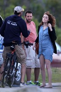 Emma Stone on the set of an untitled Woody Allen project in Newport July 28, 2014