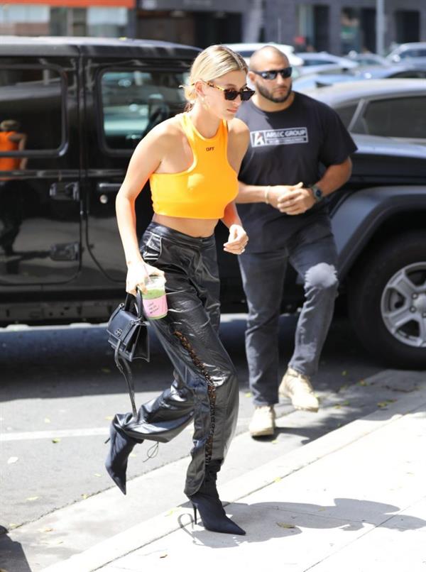 Hailey Bieber braless tits pokies seen by paparazzi in a halter top.





