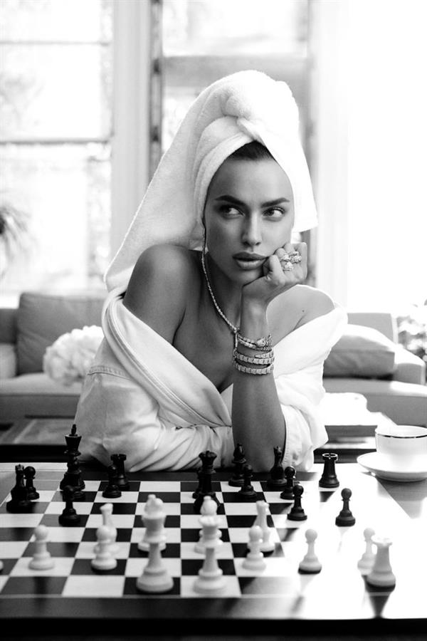 Irina Shayk topless and sexy photo shoot for HarpersBazaar.com covering her nude boobs with her hands.
























