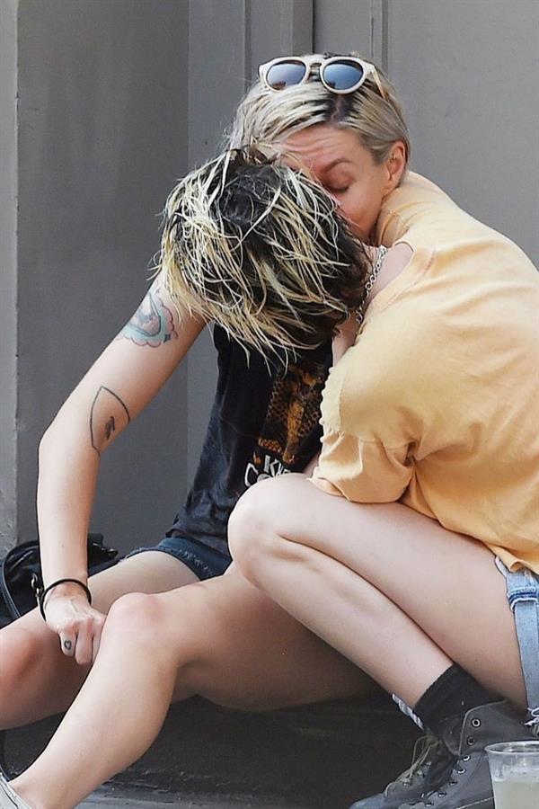 Kristen Stewart lesbian kiss making out with Dylan Meyer seen by paparazzi.
