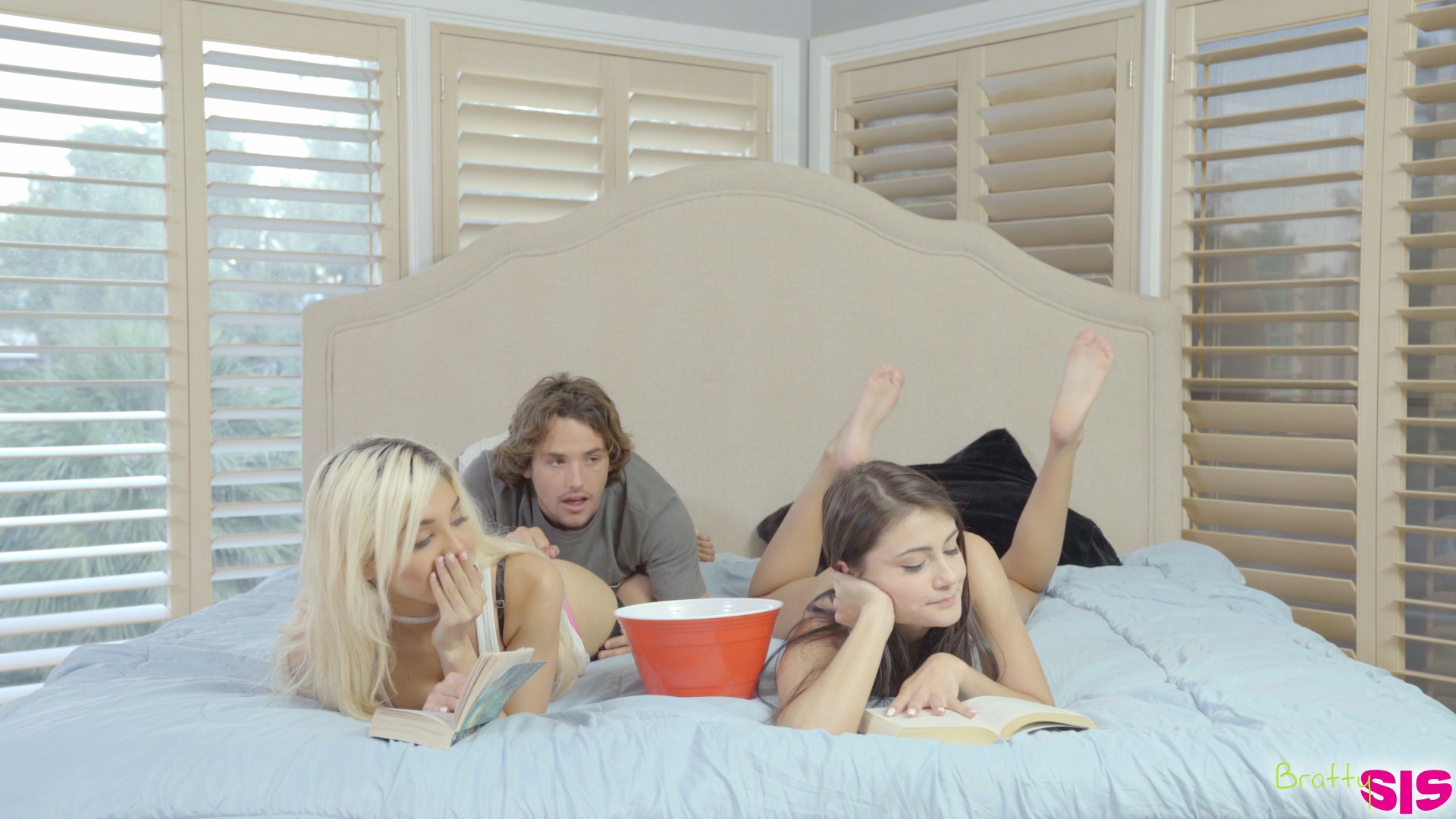 Elizabeth Jolie gives her stepbrother a blowjob then brings her friend Adria Rae in for a hardcore massage threesome