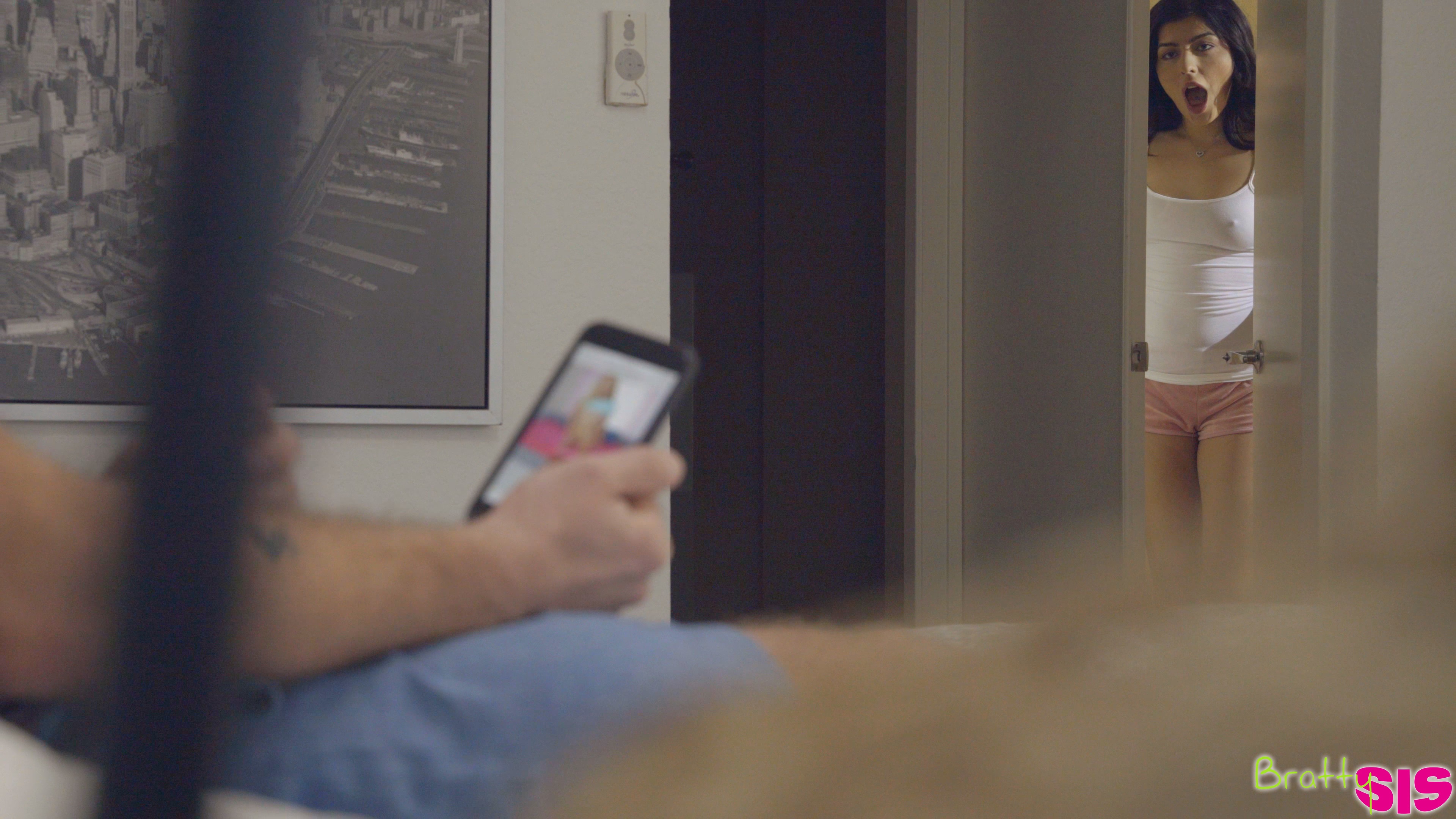 Cum craving coed Audrey Royal asks to suck her stepbrothers stiffie then gives him a ride in her bald pussy