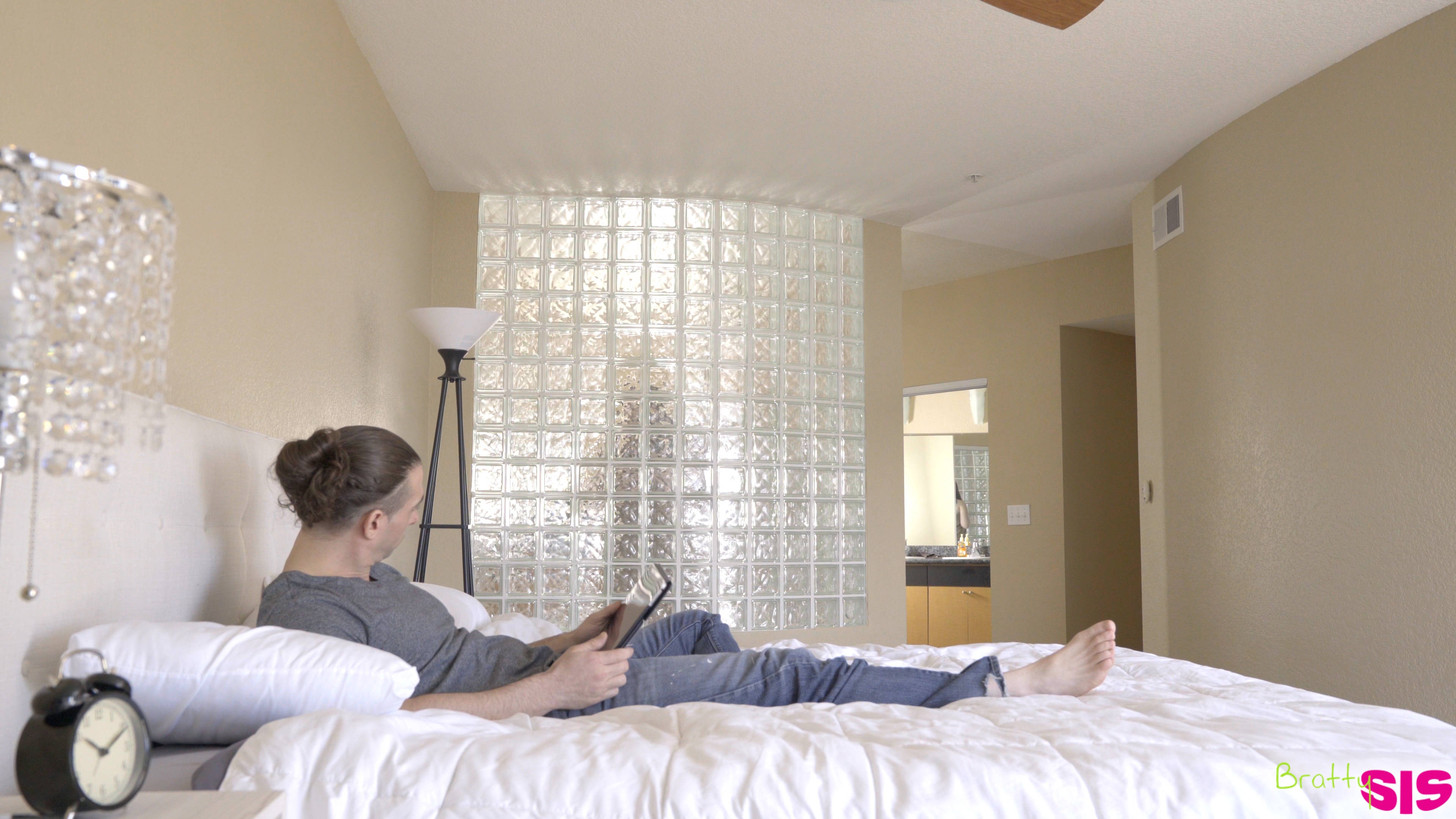 Cum hungry brunette Maya Kendrick rides her stepbrothers stiffie until she gushes then sucks him off in a horny BJ