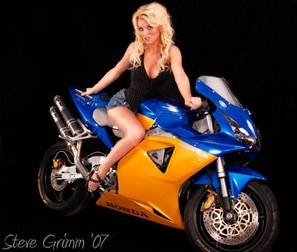Olivia Paige on and off a crotch rocket motorcycle