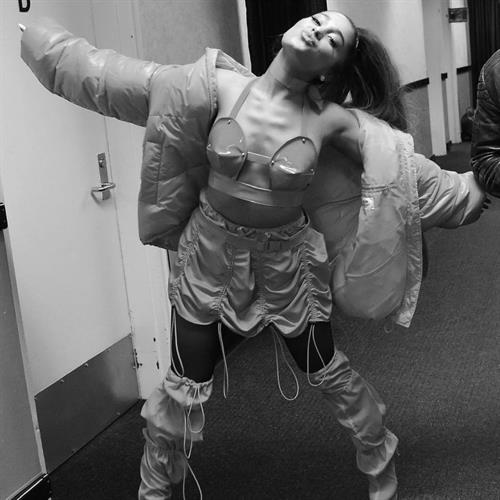 Ariana Grande Pictures Ariana Grande sexy backstage photo in black and white showing off her hot body in a little bra top.