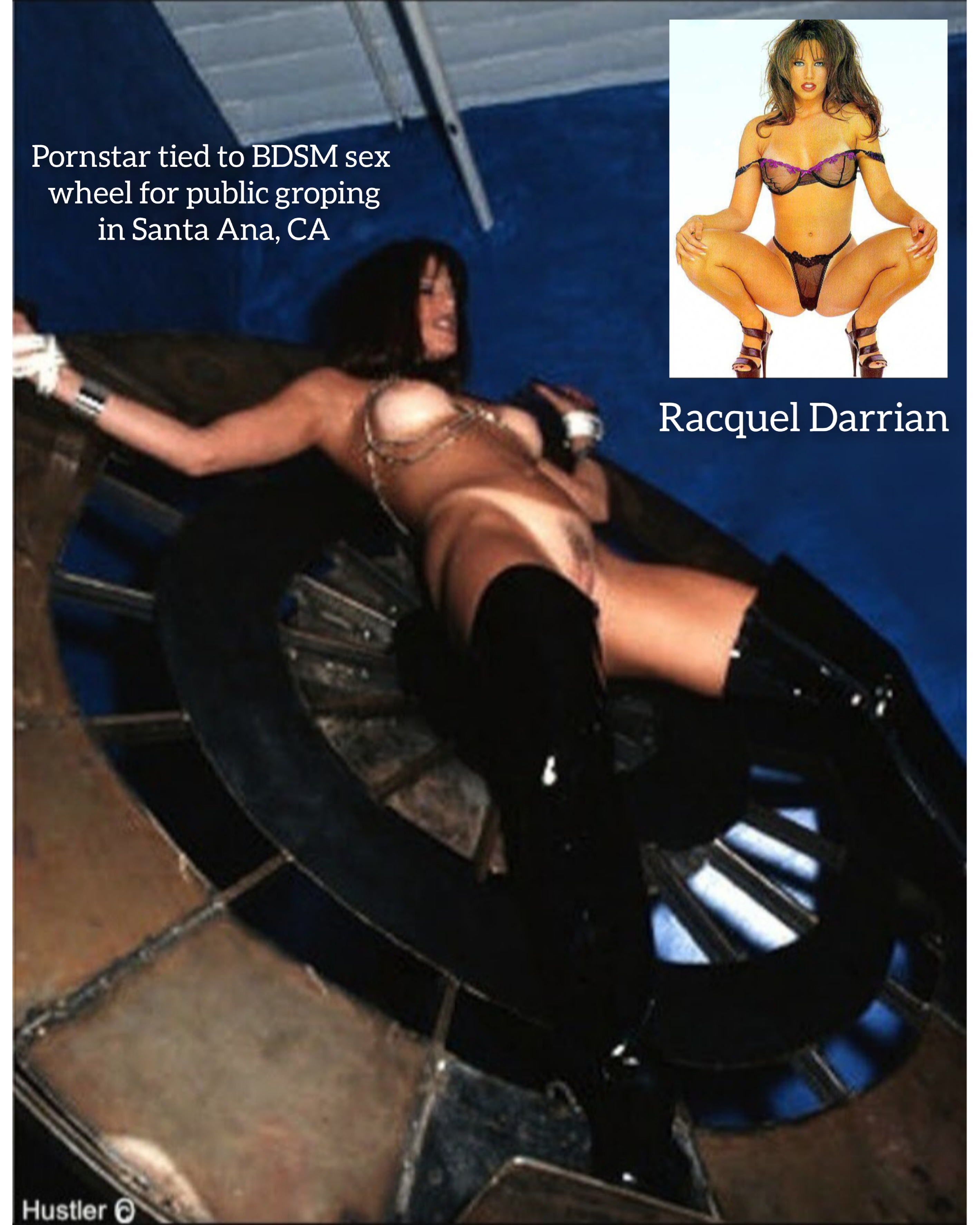 Pornstar Racquel Darrian at BDSM club, hanging out on the sex wheel. Tied  up, ready to be groped. Lovely boots!. Rating = 7.16/10