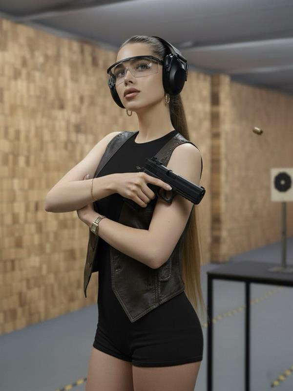 Mira Levelskaya at an indoor shooting range, wearing safety glasses and ear protection, holding a black pistol, dressed in a black top, shorts, and leather vest.