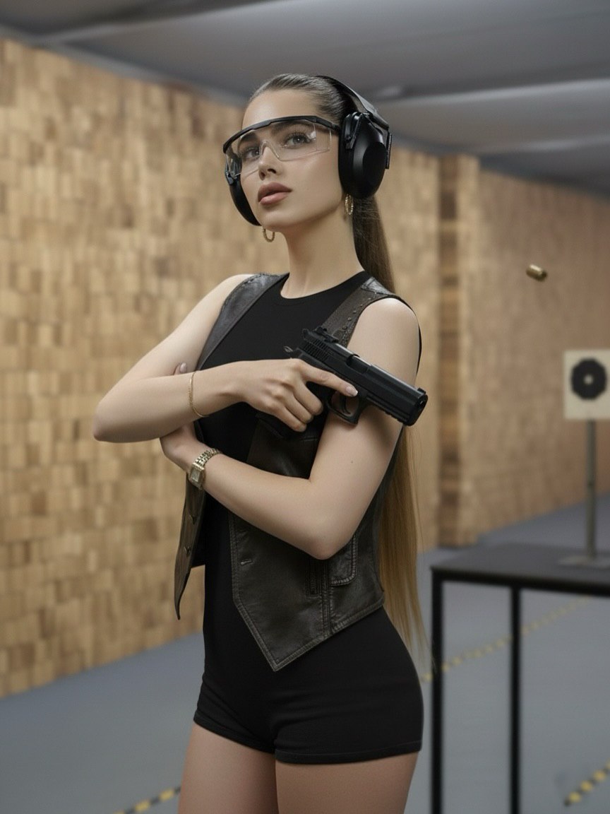 Mira Levelskaya Pictures Mira Levelskaya at an indoor shooting range, wearing safety glasses and ear protection, holding a black pistol, dressed in a black top, shorts, and leather vest.